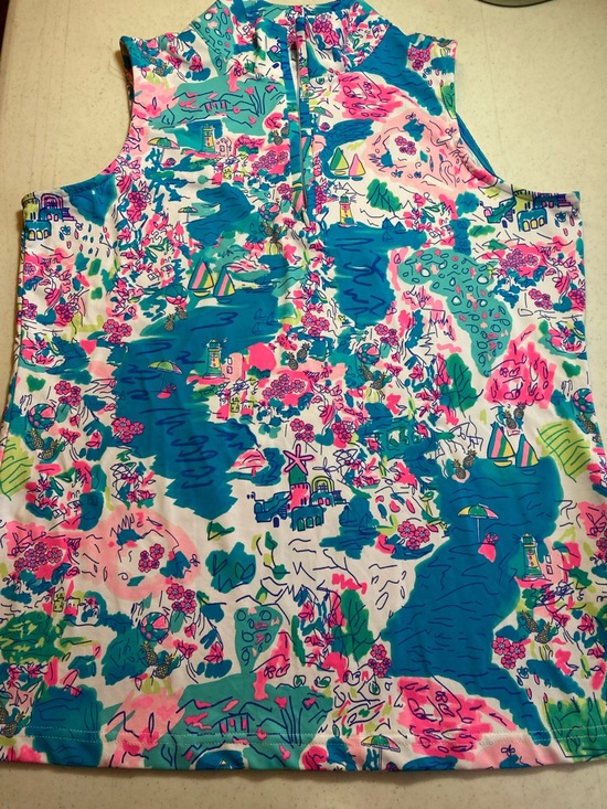 Lulu-B Tops - Lulu-B Sleeveless Island Print Top in Teal, Pink, Green, White